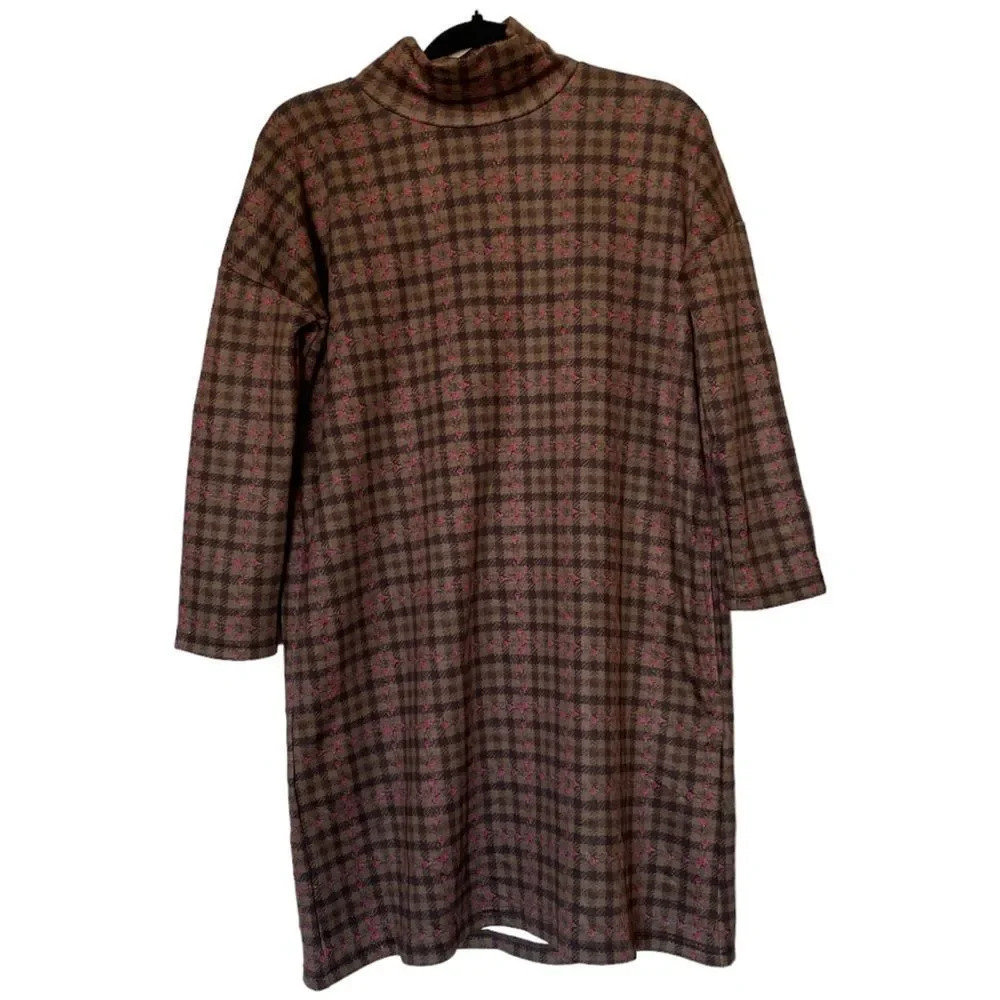 SMITH AND QUINN Rose Plaid Floral Check Mock Neck Dress Elbow Patch Size XS